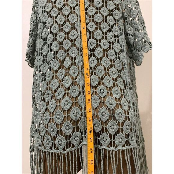 Rebellion Again Crochet Cardigan Open Fringe Tassels Green Small - Picture 5 of 9